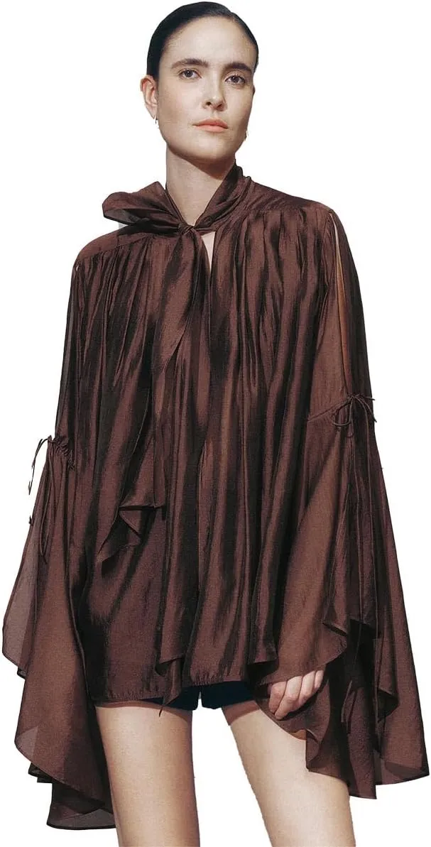 Women's Shirts Long Flowy Layered Bell Sleeve Blouse with Tie Neck Ruffle Hem Button Down Tops