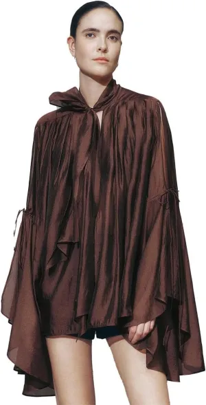Women's Shirts Long Flowy Layered Bell Sleeve Blouse with Tie Neck Ruffle Hem Button Down Tops