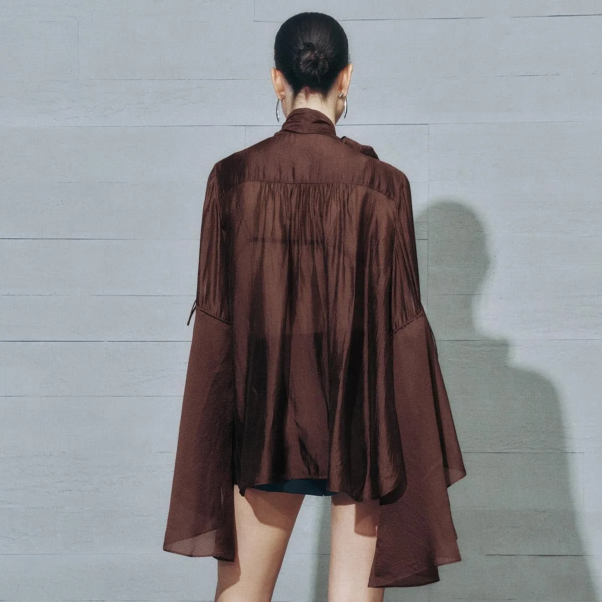 Women's Shirts Long Flowy Layered Bell Sleeve Blouse with Tie Neck Ruffle Hem Button Down Tops