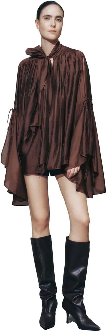 Women's Shirts Long Flowy Layered Bell Sleeve Blouse with Tie Neck Ruffle Hem Button Down Tops