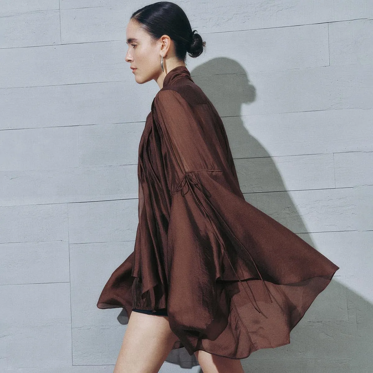 Women's Shirts Long Flowy Layered Bell Sleeve Blouse with Tie Neck Ruffle Hem Button Down Tops