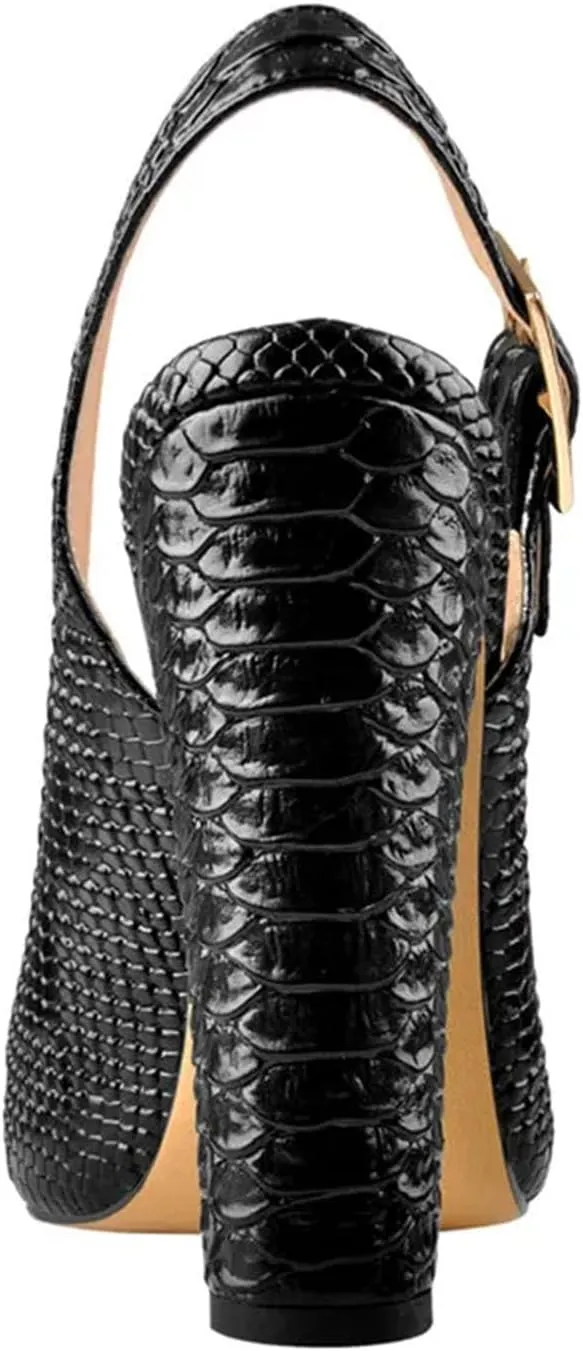 Women's Slingback Pointed Toe Fish Scale Pumps - 12cm Chunky Square Heel Dress Shoes