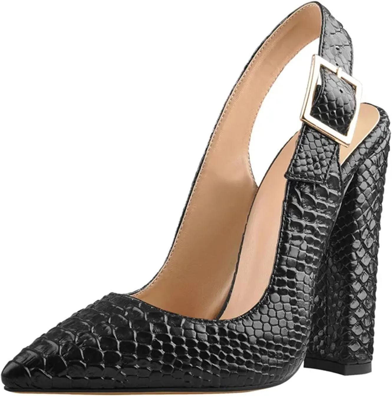 Women's Slingback Pointed Toe Fish Scale Pumps - 12cm Chunky Square Heel Dress Shoes