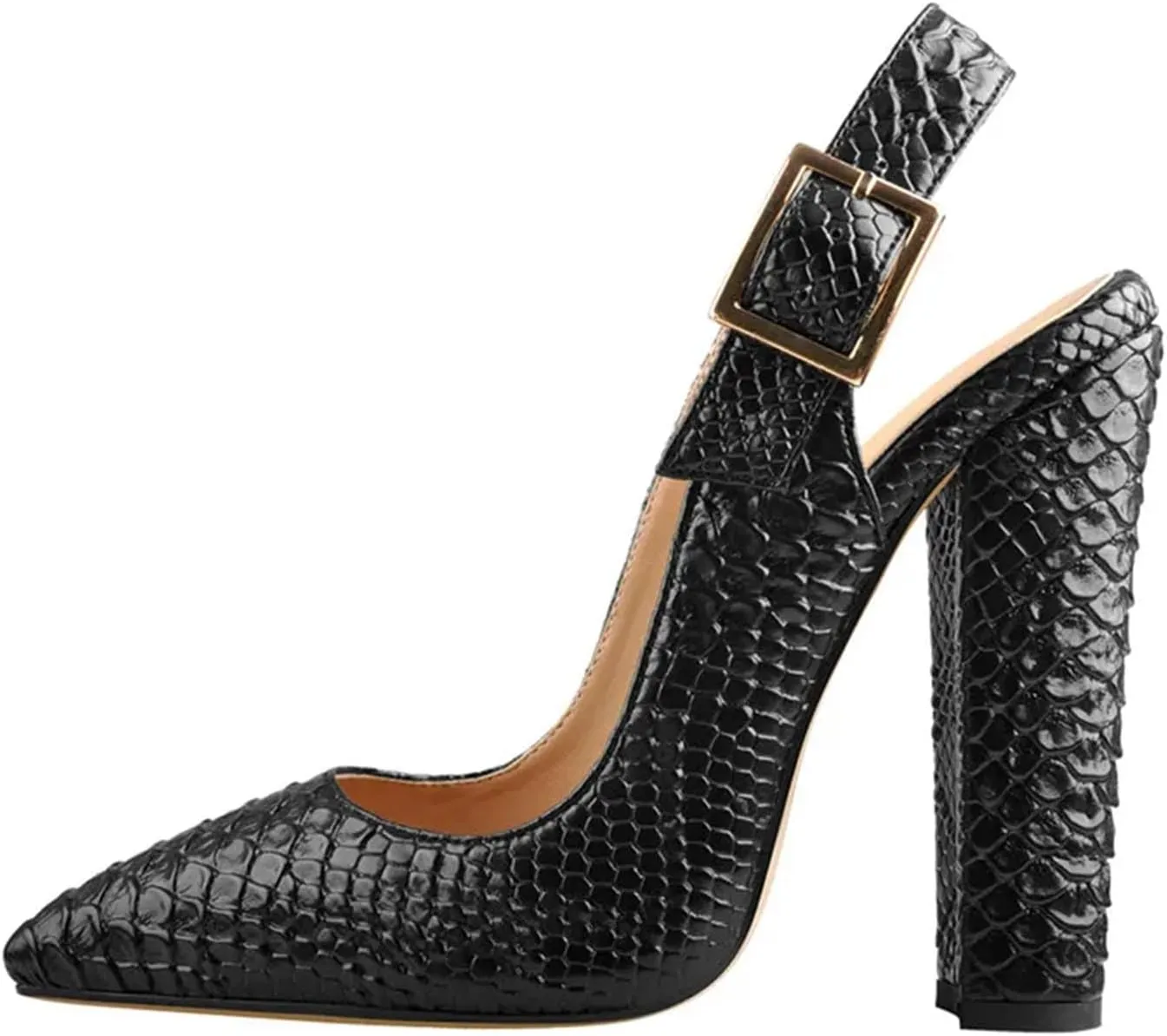 Women's Slingback Pointed Toe Fish Scale Pumps - 12cm Chunky Square Heel Dress Shoes