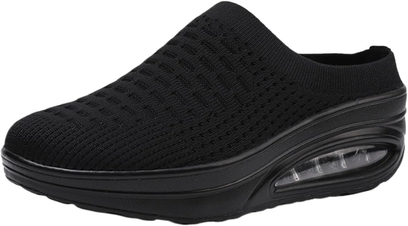 Women's Slip-on Mule Sneakers Breathable Air Cushion Wedge Backless Walking Shoes Lightweight Platform Orthotic Clog Casual Slipper Shoe for Women