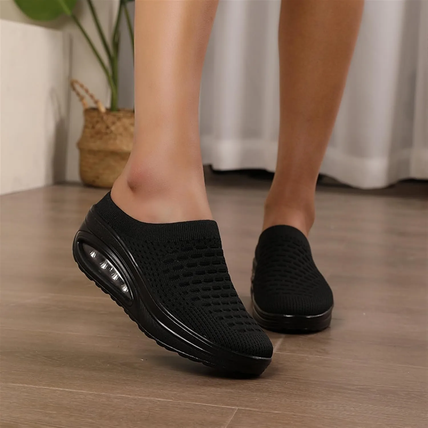 Women's Slip-on Mule Sneakers Breathable Air Cushion Wedge Backless Walking Shoes Lightweight Platform Orthotic Clog Casual Slipper Shoe for Women