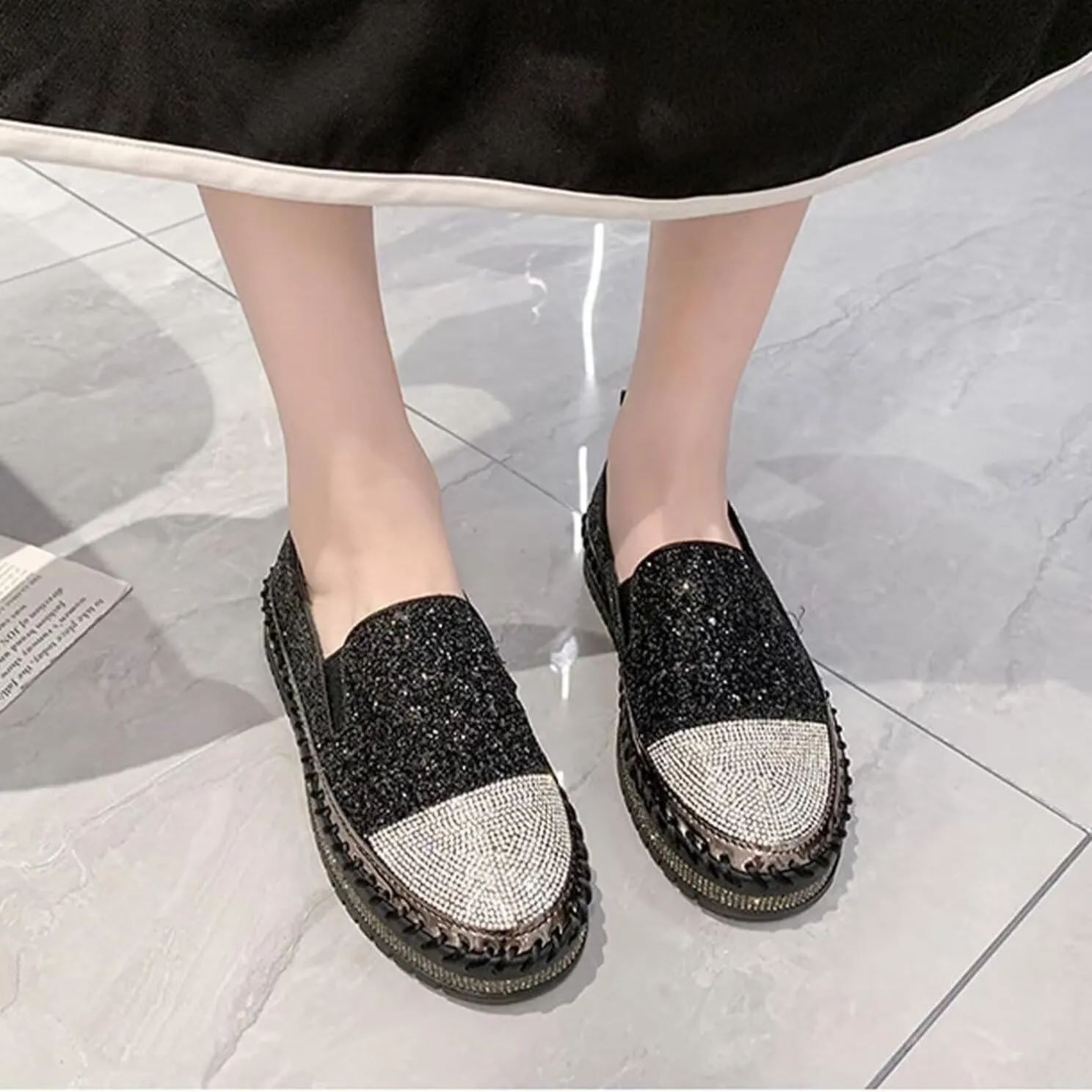 Women's Sneakers Rhinestones Glitter Platform Slip On Casual Cute Bowknot Shiny Walking Shoes Comfortable Dress Flat Loafers
