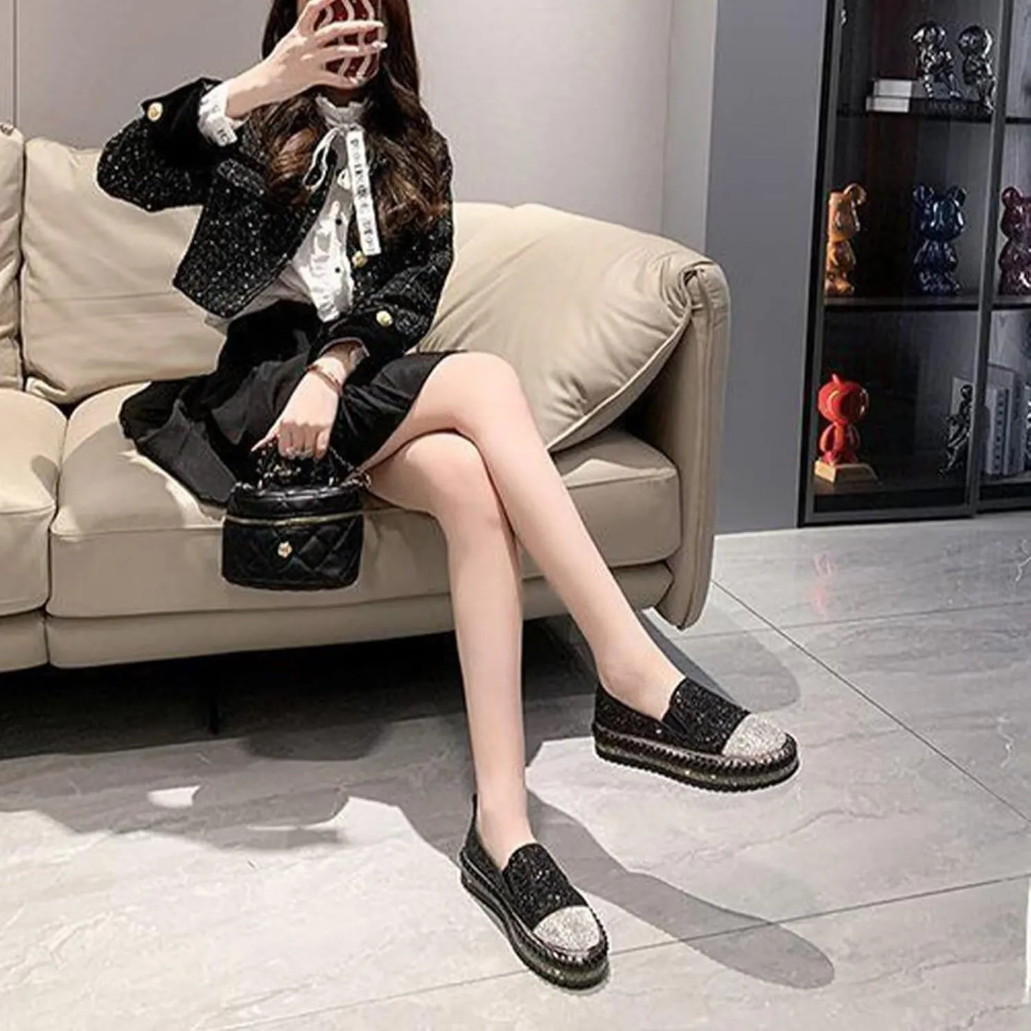 Women's Sneakers Rhinestones Glitter Platform Slip On Casual Cute Bowknot Shiny Walking Shoes Comfortable Dress Flat Loafers