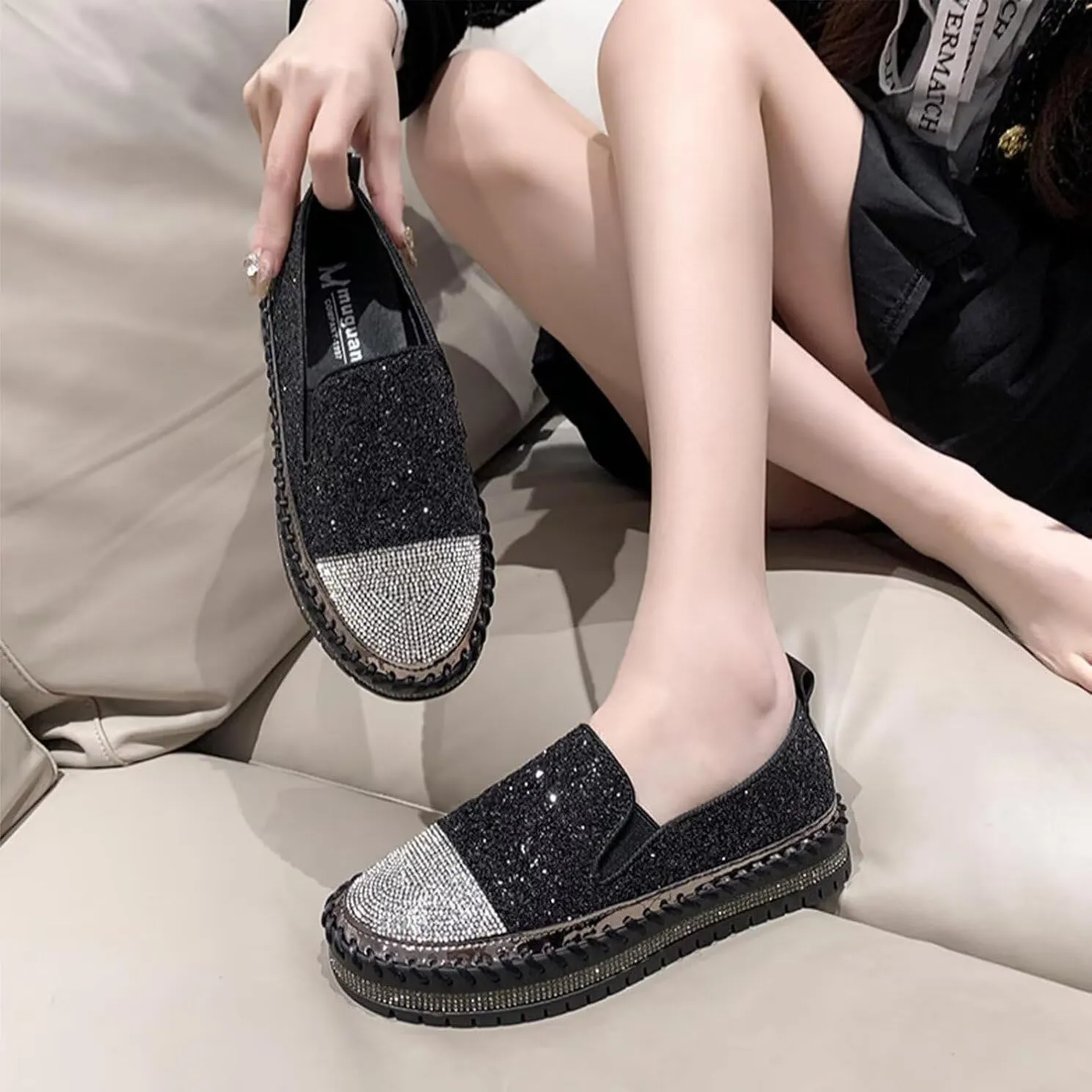 Women's Sneakers Rhinestones Glitter Platform Slip On Casual Cute Bowknot Shiny Walking Shoes Comfortable Dress Flat Loafers