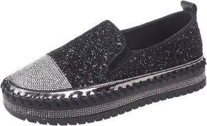Women's Sneakers Rhinestones Glitter Platform Slip On Casual Cute Bowknot Shiny Walking Shoes Comfortable Dress Flat Loafers