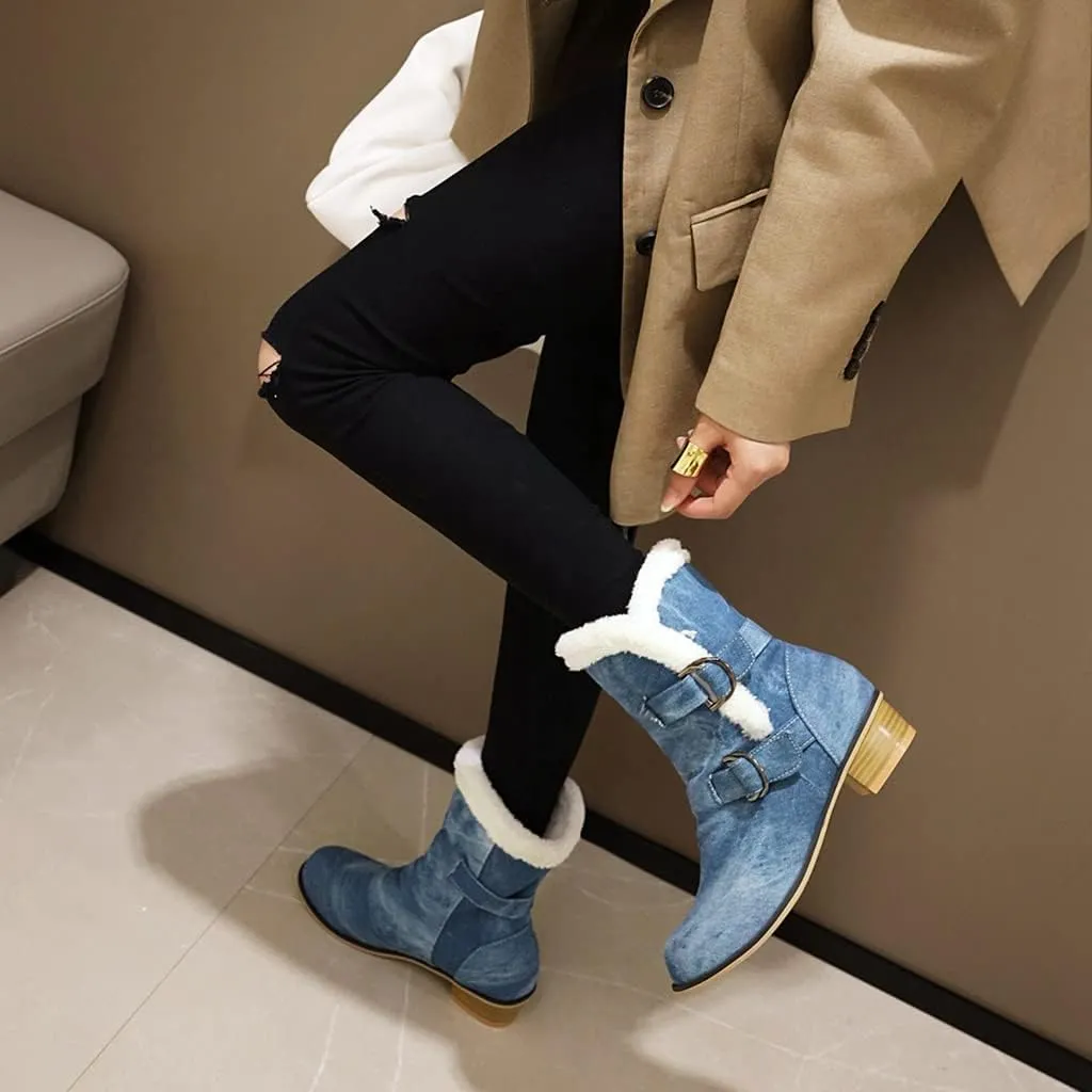 Women's Square Toe Denim Ankle Boots Embroidered Flower Zipper Block Low Heel Dressy Short Booties