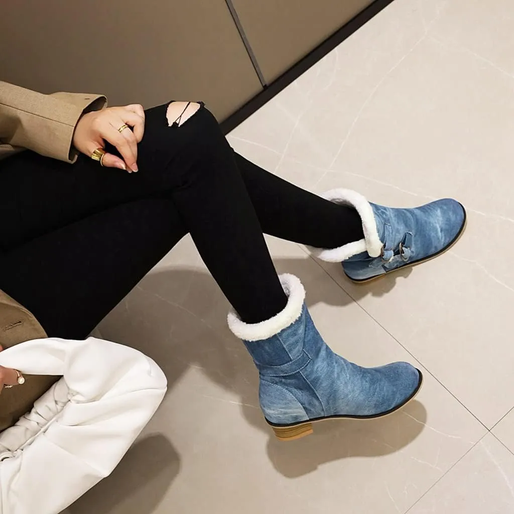 Women's Square Toe Denim Ankle Boots Embroidered Flower Zipper Block Low Heel Dressy Short Booties