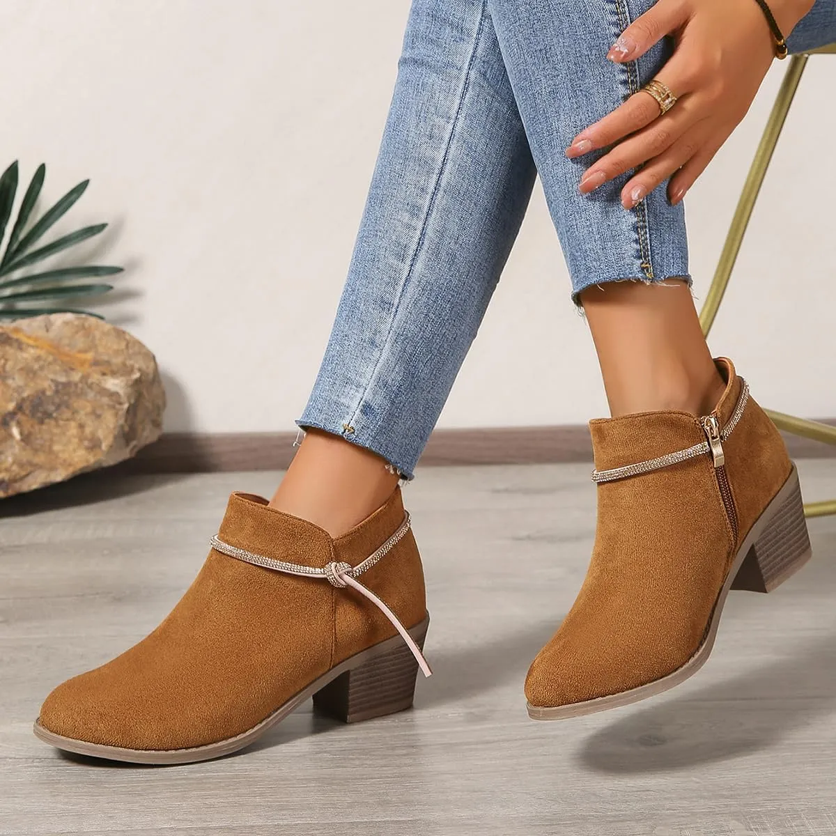 Women's Suede Ankle Boots with Rhinestone Chunky Heel Booties for Fall 2024, Fashionable Short Boots for Women & Teen Girls