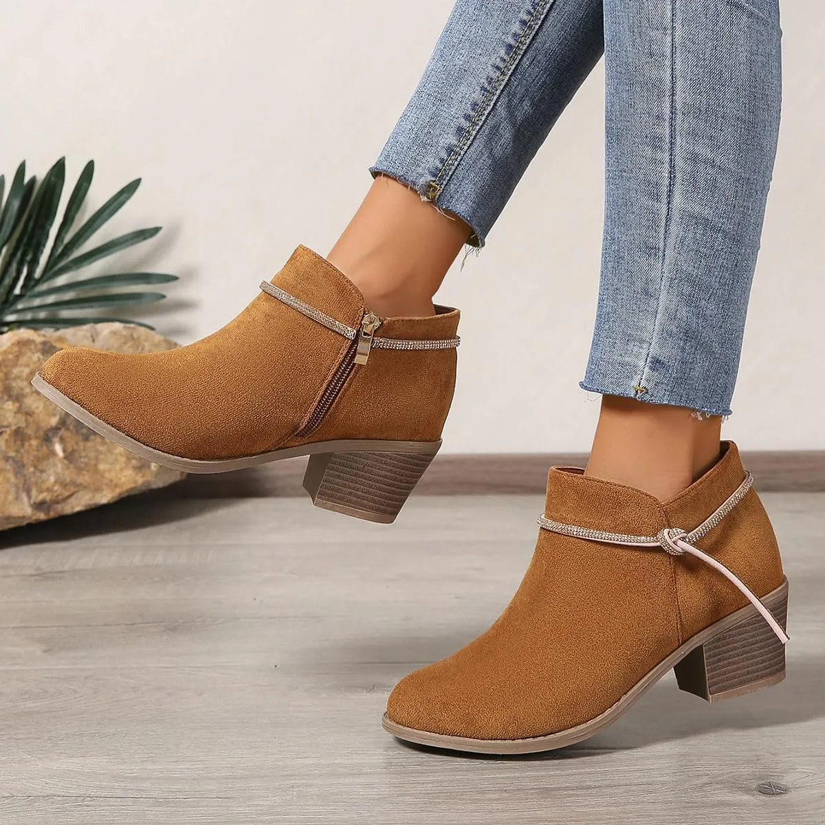 Women's Suede Ankle Boots with Rhinestone Chunky Heel Booties for Fall 2024, Fashionable Short Boots for Women & Teen Girls