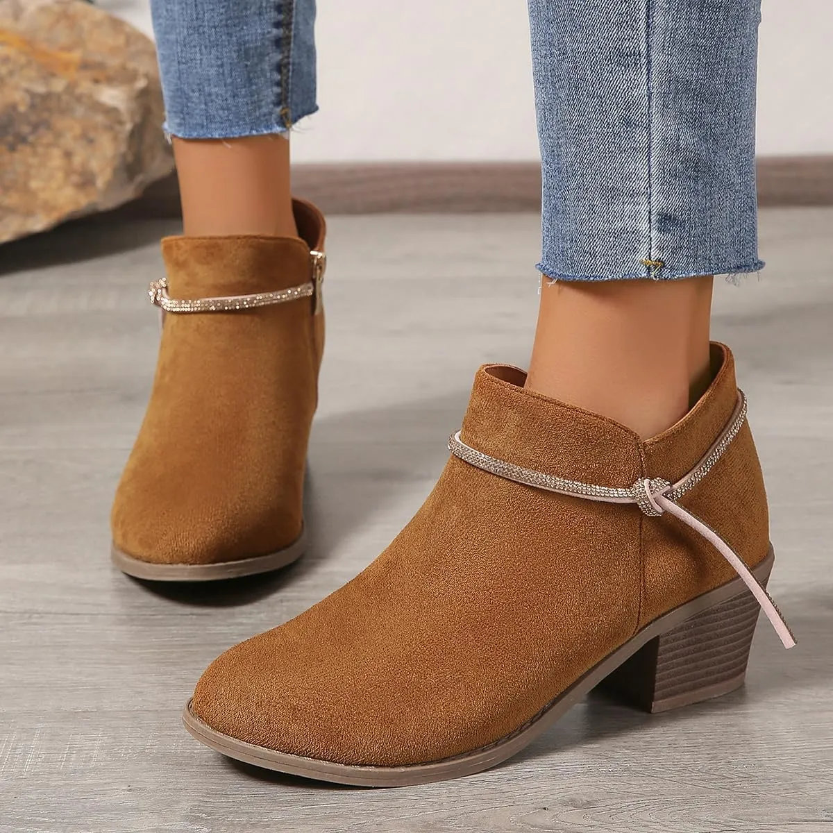 Women's Suede Ankle Boots with Rhinestone Chunky Heel Booties for Fall 2024, Fashionable Short Boots for Women & Teen Girls