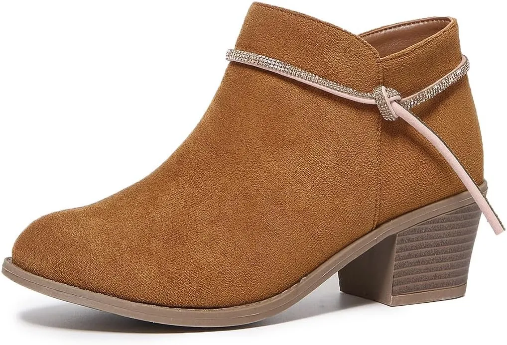 Women's Suede Ankle Boots with Rhinestone Chunky Heel Booties for Fall 2024, Fashionable Short Boots for Women & Teen Girls