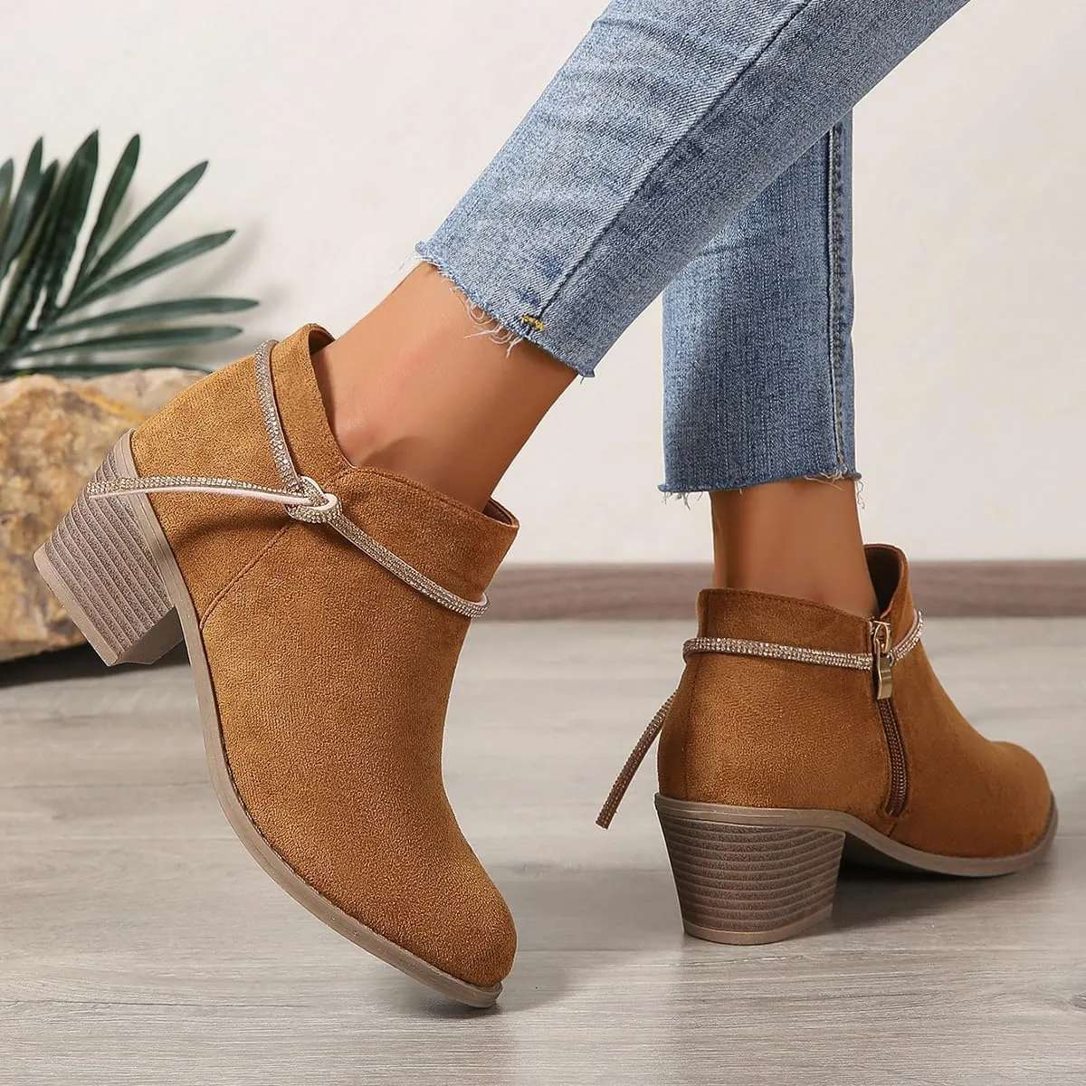 Women's Suede Ankle Boots with Rhinestone Chunky Heel Booties for Fall 2024, Fashionable Short Boots for Women & Teen Girls