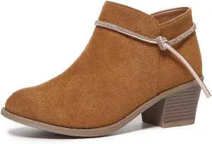 Women's Suede Ankle Boots with Rhinestone Chunky Heel Booties for Fall 2024, Fashionable Short Boots for Women & Teen Girls