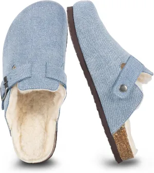 Women's Suede Clogs Slip-On Buckle Slides Leather Mules Cork Footbed Sandals Potato Shoes with Arch Support