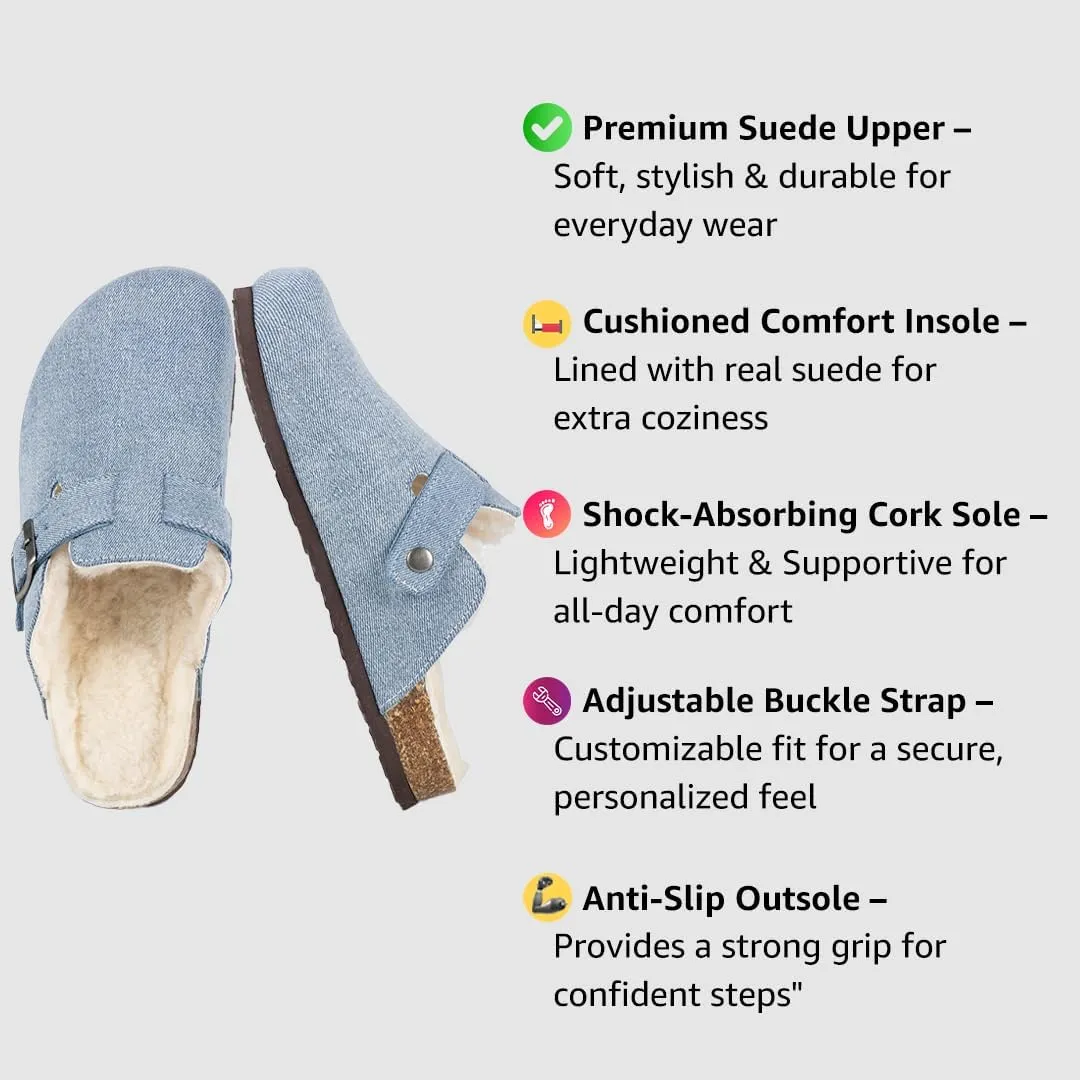 Women's Suede Clogs Slip-On Buckle Slides Leather Mules Cork Footbed Sandals Potato Shoes with Arch Support