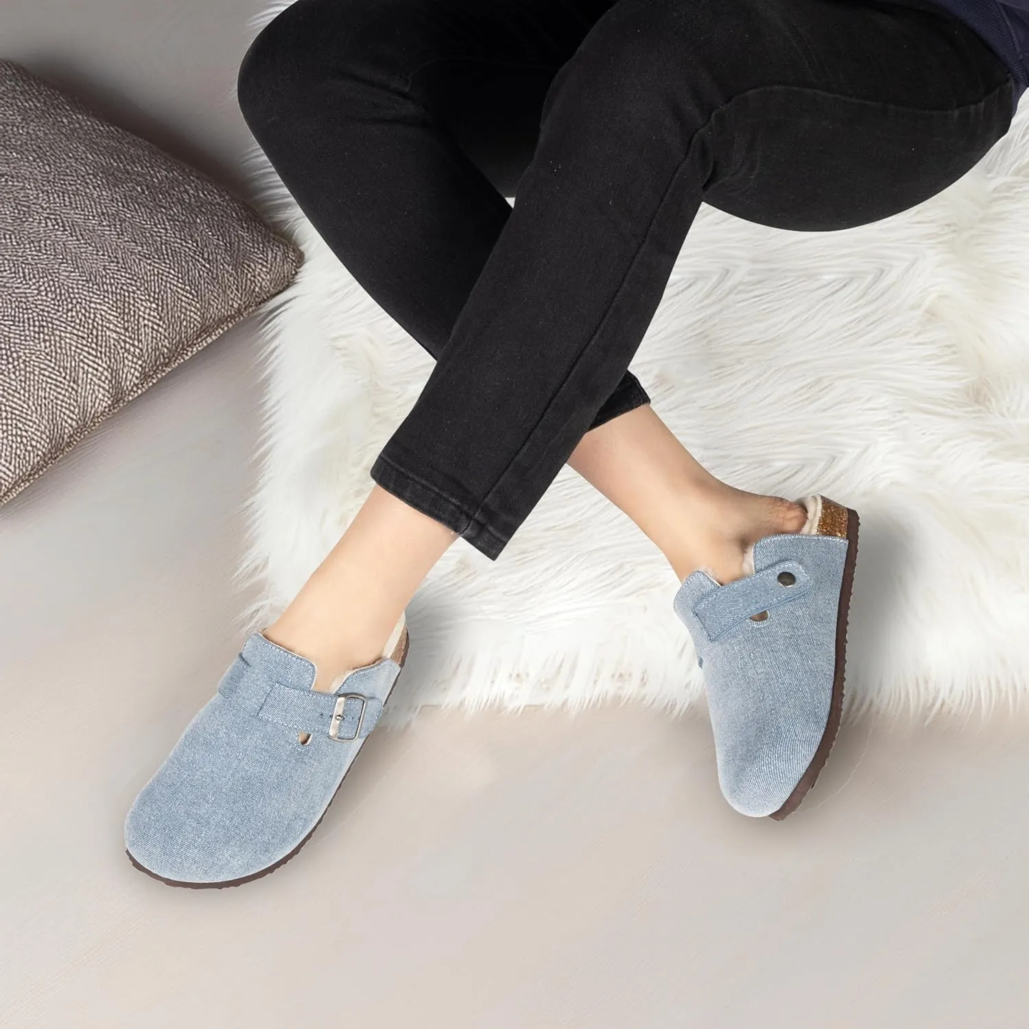 Women's Suede Clogs Slip-On Buckle Slides Leather Mules Cork Footbed Sandals Potato Shoes with Arch Support