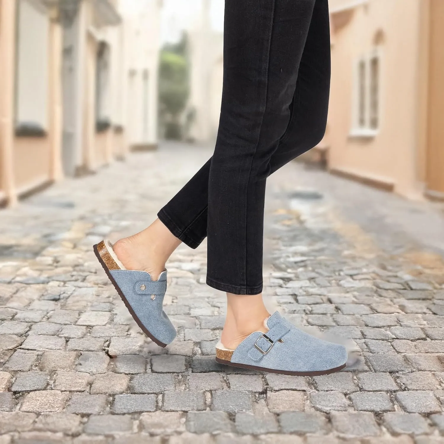 Women's Suede Clogs Slip-On Buckle Slides Leather Mules Cork Footbed Sandals Potato Shoes with Arch Support