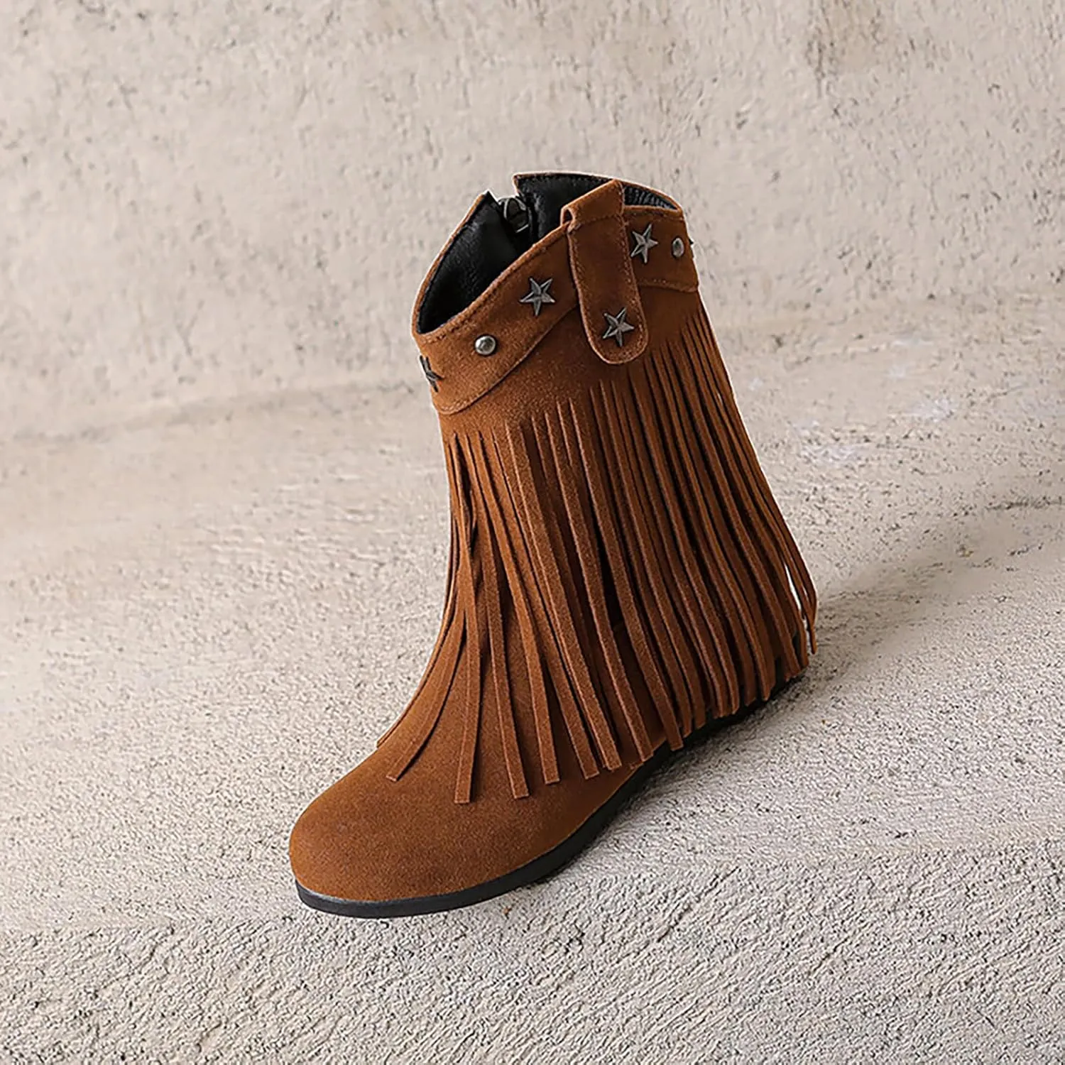 Women'S Suede Hidden Wedge Tassel Ankle Boots Fashion Round Toe Side Zipper Slip-On Flat Mocassion Ankle Boots Casual Vintage Western Western Cowgirl Boots