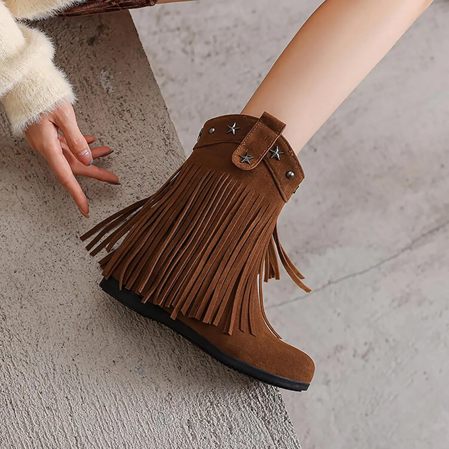 Women'S Suede Hidden Wedge Tassel Ankle Boots Fashion Round Toe Side Zipper Slip-On Flat Mocassion Ankle Boots Casual Vintage Western Western Cowgirl Boots