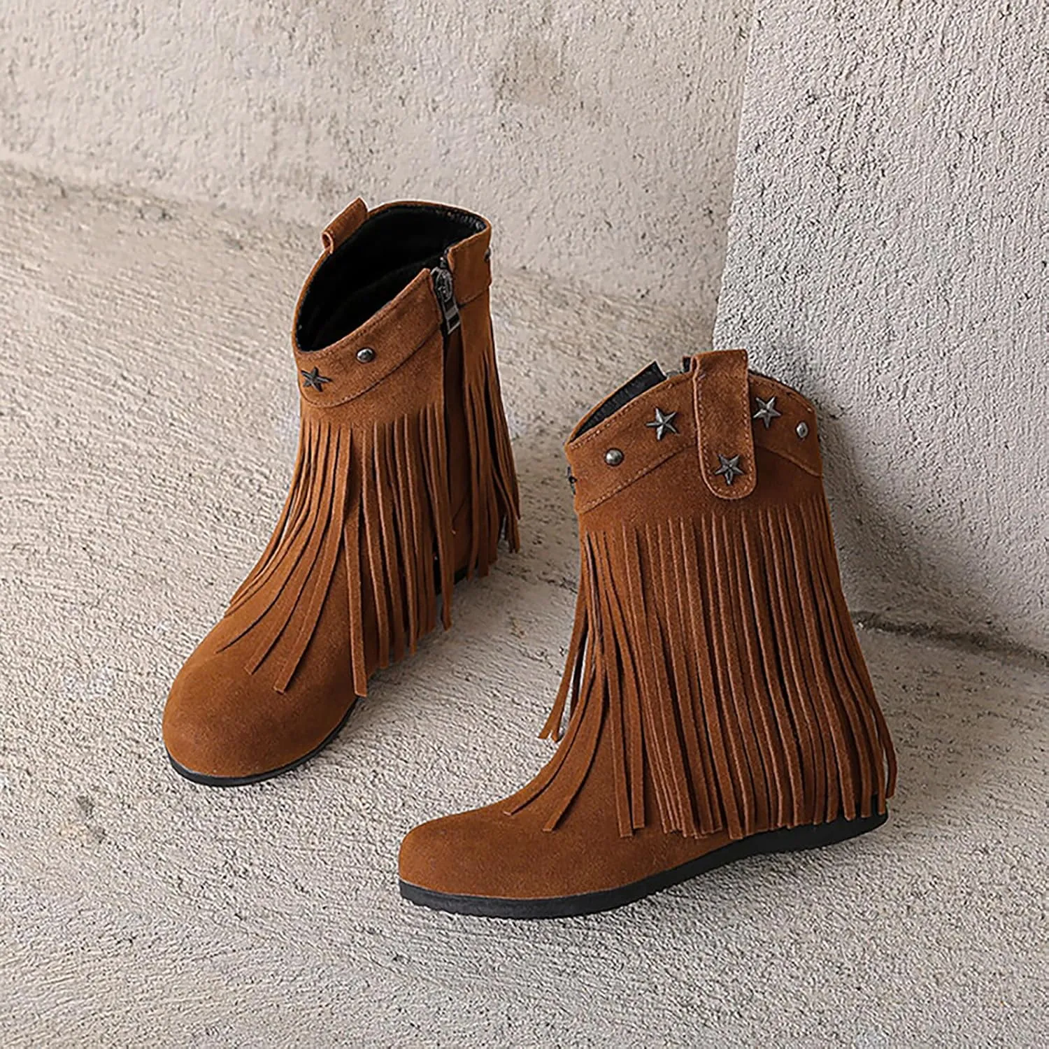 Women'S Suede Hidden Wedge Tassel Ankle Boots Fashion Round Toe Side Zipper Slip-On Flat Mocassion Ankle Boots Casual Vintage Western Western Cowgirl Boots