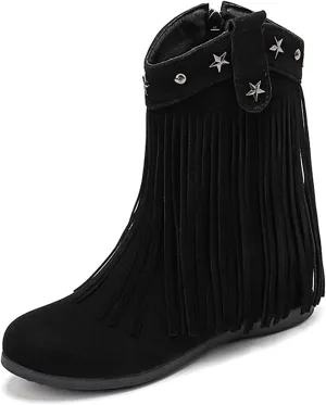Women'S Suede Hidden Wedge Tassel Ankle Boots Fashion Round Toe Side Zipper Slip-On Flat Mocassion Ankle Boots Casual Vintage Western Western Cowgirl Boots