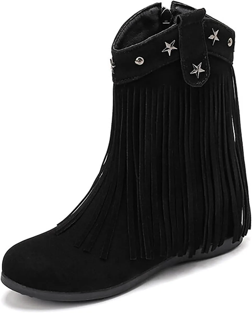 Women'S Suede Hidden Wedge Tassel Ankle Boots Fashion Round Toe Side Zipper Slip-On Flat Mocassion Ankle Boots Casual Vintage Western Western Cowgirl Boots