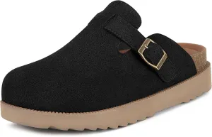 Womens Suede Leather Clogs Cork Footbed Sandals Arch Support Platform Mules Comfort Soft Potato Shoes with Adjustable Buckle,Black,US 8 Women=EU 39