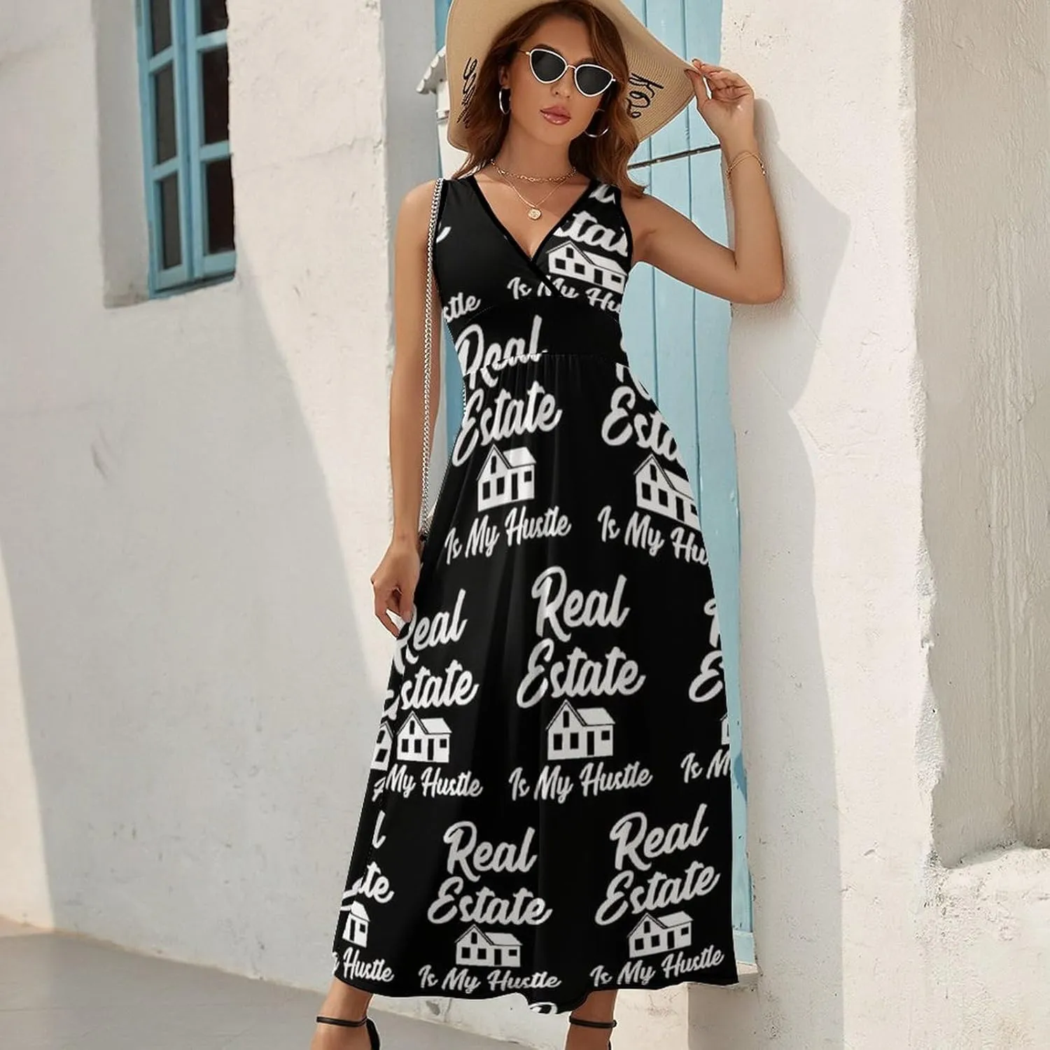 Women's Summer Casual Wrap Dress Sleeveless Flared Midi Dress