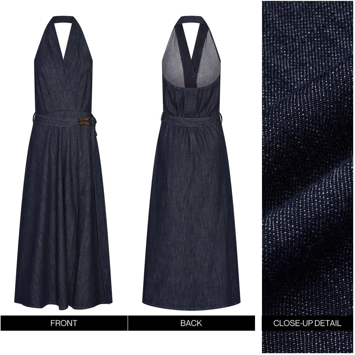 Women's Summer Denim Dress Halter Neck Backless Midi A-Line Dresses with Adjustable Waist Tie