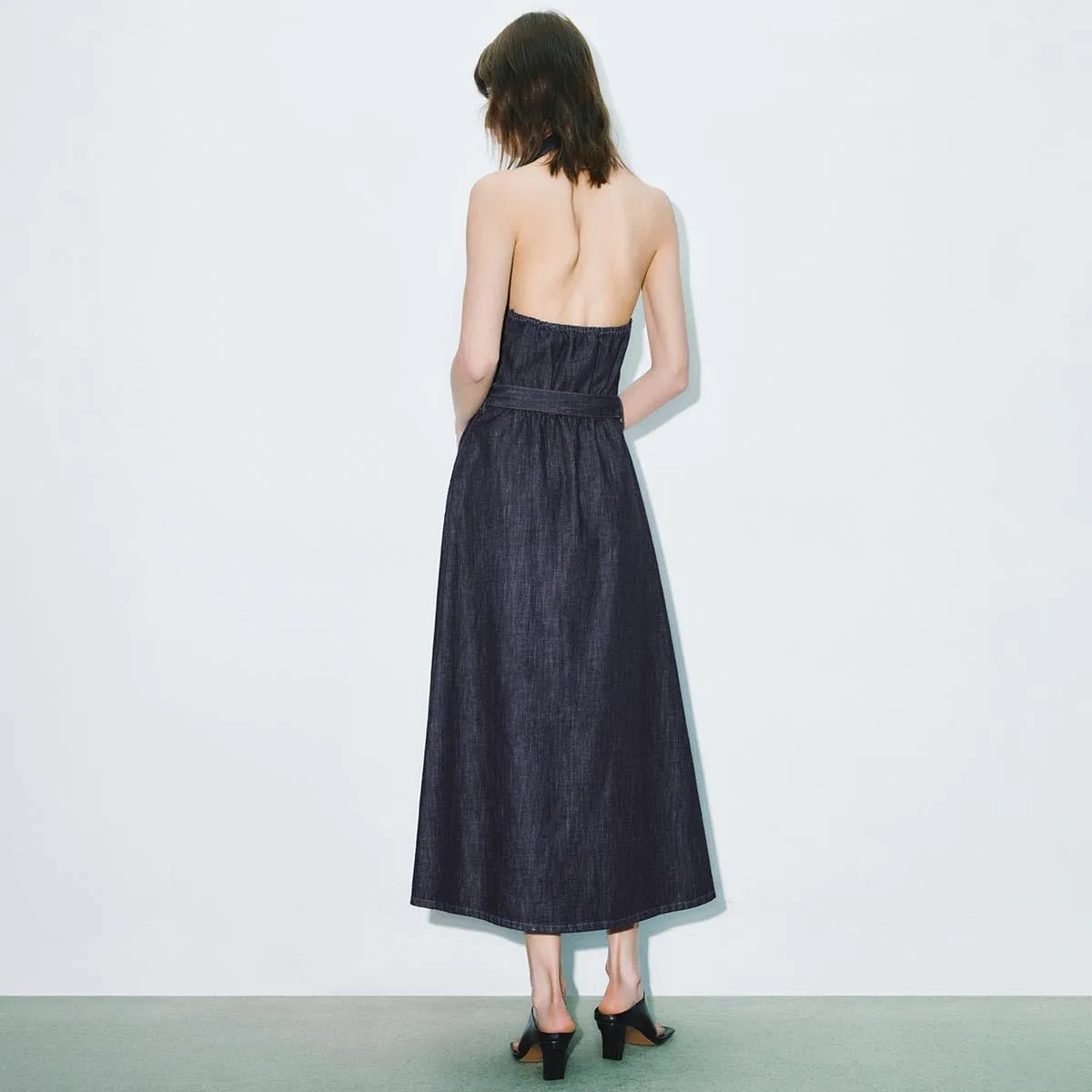 Women's Summer Denim Dress Halter Neck Backless Midi A-Line Dresses with Adjustable Waist Tie