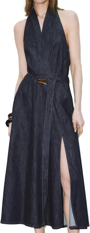 Women's Summer Denim Dress Halter Neck Backless Midi A-Line Dresses with Adjustable Waist Tie