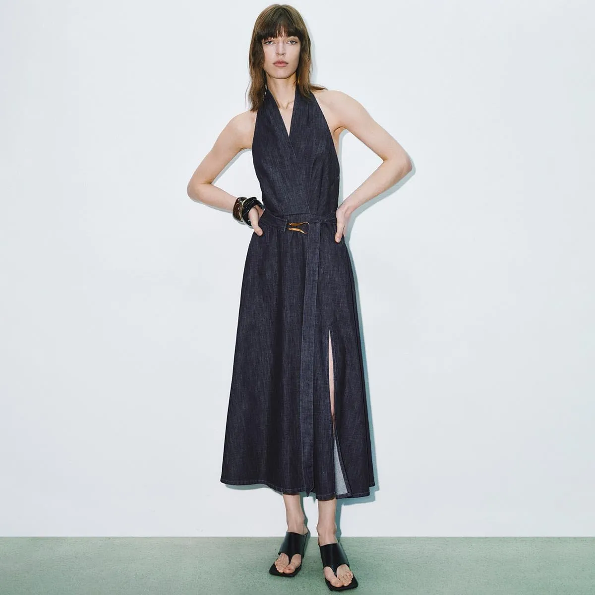 Women's Summer Denim Dress Halter Neck Backless Midi A-Line Dresses with Adjustable Waist Tie