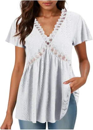 Womens Summer Tops Dressy Casual Babydoll Short Sleeve Shirts Puff Sleeve Peplum V Neck T Shirts Tees 2025