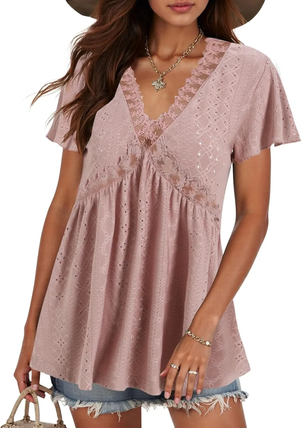 Womens Summer Tops Dressy Casual Babydoll Short Sleeve Shirts Puff Sleeve Peplum V Neck T Shirts Tees 2025