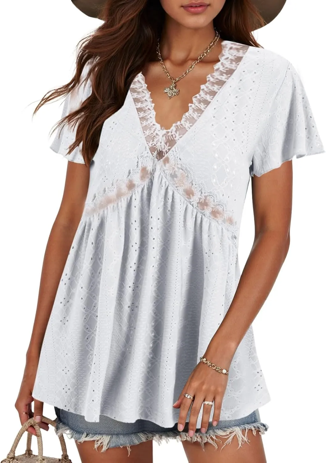 Womens Summer Tops Dressy Casual Babydoll Short Sleeve Shirts Puff Sleeve Peplum V Neck T Shirts Tees 2025