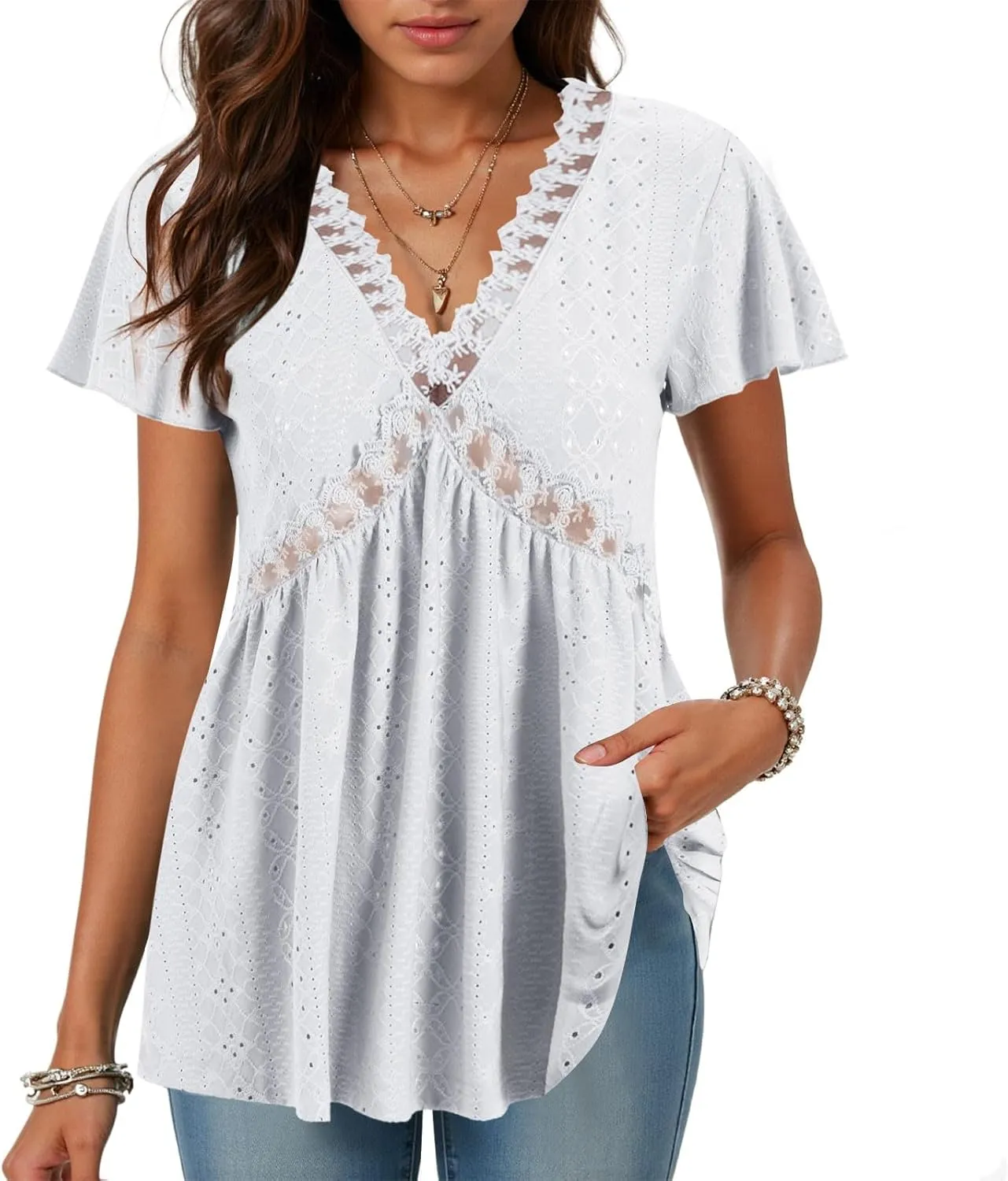 Womens Summer Tops Dressy Casual Babydoll Short Sleeve Shirts Puff Sleeve Peplum V Neck T Shirts Tees 2025