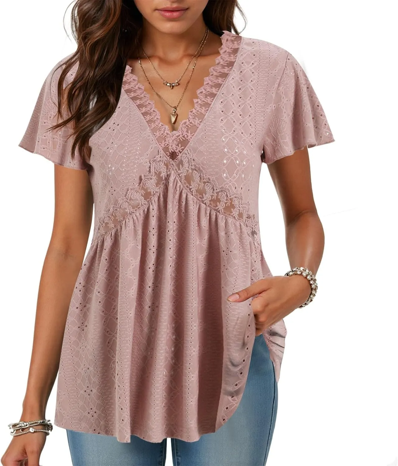 Womens Summer Tops Dressy Casual Babydoll Short Sleeve Shirts Puff Sleeve Peplum V Neck T Shirts Tees 2025