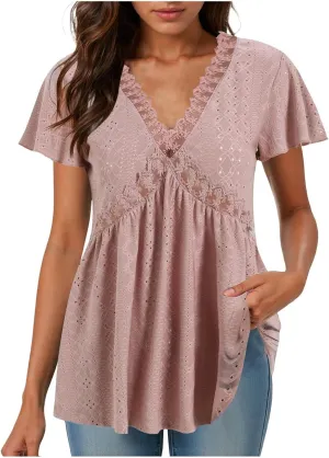 Womens Summer Tops Dressy Casual Babydoll Short Sleeve Shirts Puff Sleeve Peplum V Neck T Shirts Tees 2025
