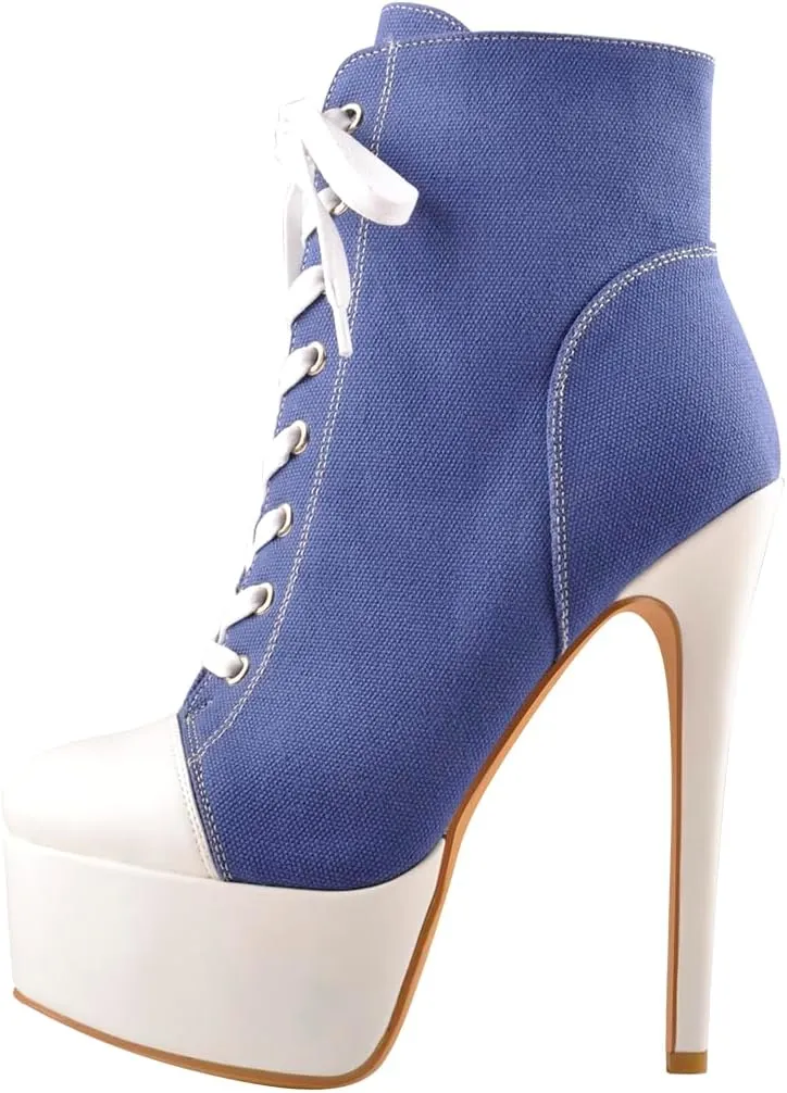 Women's Tie Up Platform High Heels Zip Up Ankle Boots Canvas Fashion Sneakers
