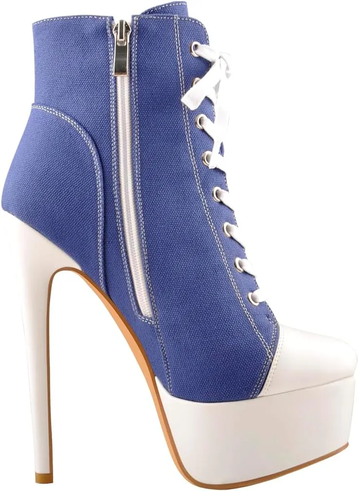 Women's Tie Up Platform High Heels Zip Up Ankle Boots Canvas Fashion Sneakers