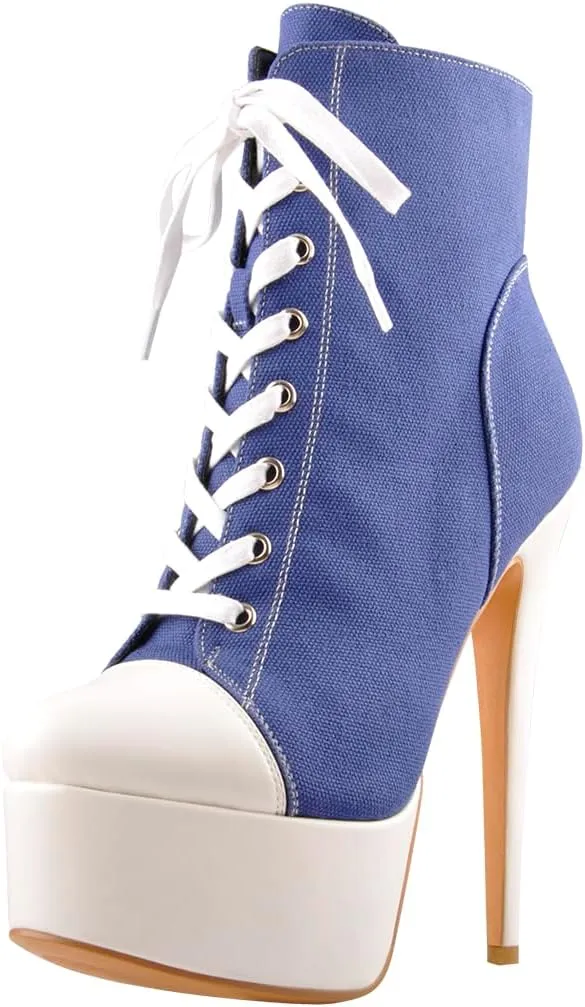 Women's Tie Up Platform High Heels Zip Up Ankle Boots Canvas Fashion Sneakers