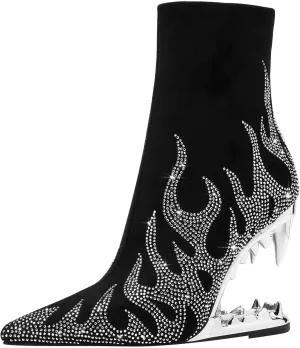 Women's Tiger Tooth Flame Rhinestone Ankle Boots Pointed Toe Suede Side Zipper Fashion Short Boots,silver12