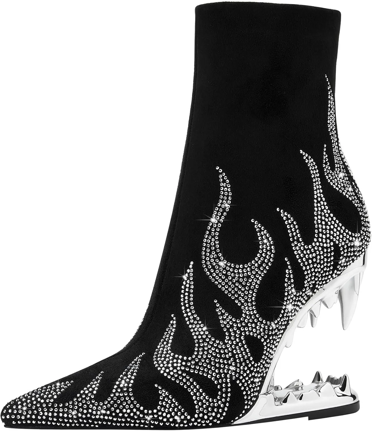 Women's Tiger Tooth Flame Rhinestone Ankle Boots Pointed Toe Suede Side Zipper Fashion Short Boots,silver12