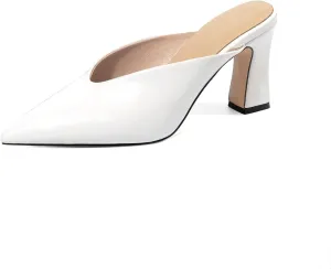 Women's V Cut Chunky High Heel Mules Patent PU Leather Backless Slip On Closed Pointed Toe Office Shoes