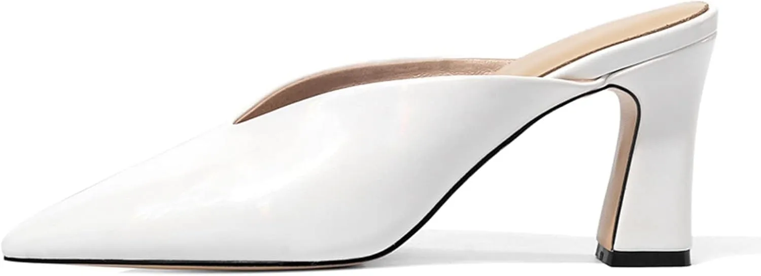 Women's V Cut Chunky High Heel Mules Patent PU Leather Backless Slip On Closed Pointed Toe Office Shoes